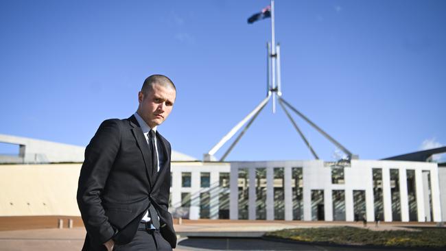 Hot seat: Aussie Farms executive director Chris Delforce outside Parliament House in Canberra.