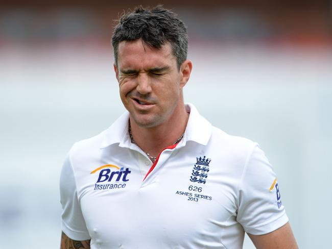 England's Kevin Pietersen reacts after losing his wicket for 8 runs during the fifth day of the third Ashes cricket test match between England and Australia at Old Trafford in Manchester, north-west England, on August 5, 2013. AFP PHOTO/ANDREW YATESRESTRICTED TO EDITORIAL USE. NO ASSOCIATION WITH DIRECT COMPETITOR OF SPONSOR, PARTNER, OR SUPPLIER OF THE ECB