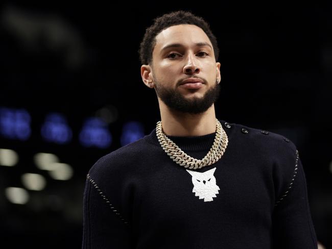 NEW YORK, NEW YORK - FEBRUARY 24: Ben Simmons #10 of the Brooklyn Nets looks on during the first half against the Boston Celtics at Barclays Center on February 24, 2022 in New York City. NOTE TO USER: User expressly acknowledges and agrees that, by downloading and or using this Photograph, user is consenting to the terms and conditions of the Getty Images License Agreement. (Photo by Adam Hunger/Getty Images)