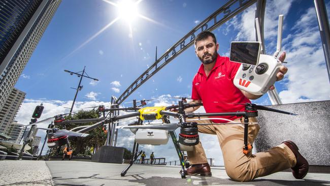 Westpac Little Ripper CEO Ben Trollope with one of the drones that could spray disinfectant in public areas to fight COVID-19. Picture: NIGEL HALLETT