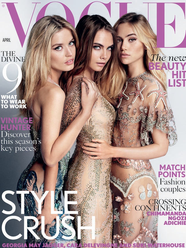 Mario Testino’s Vogue cover of Suki Waterhouse, Cara Delevingne and Georgia May Jagger.