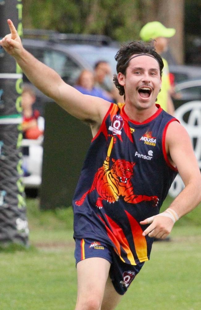 Noosa Tigers player Ethan Johnstone celebrates after kicking a major against Maroochydore. Picture: Craig Slaney Sports Photography.