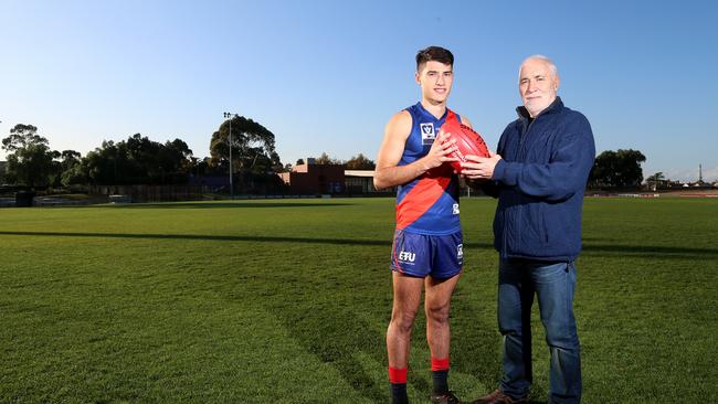 Phil Cleary and Coburg footballer Billy Cannolo at Coburg City Oval ahead of this weekend’s Vicki Cleary Day. Picture: Hamish Blair