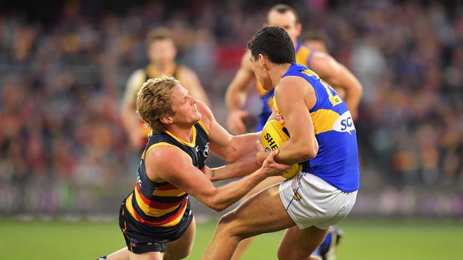 Rory Sloane lays another tackle against the West Coast Eagles. Picture: Daniel Kalisz/Getty Images