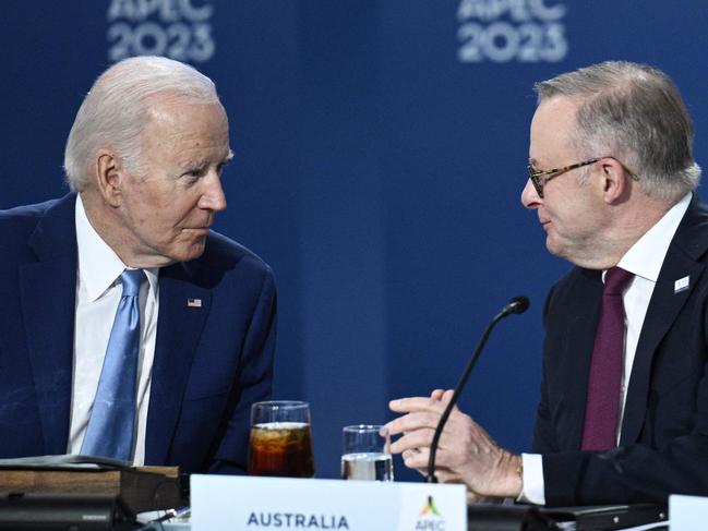 US President Joe Biden, left, and Australian PM Anthony Albanese, right. Picture: AFP