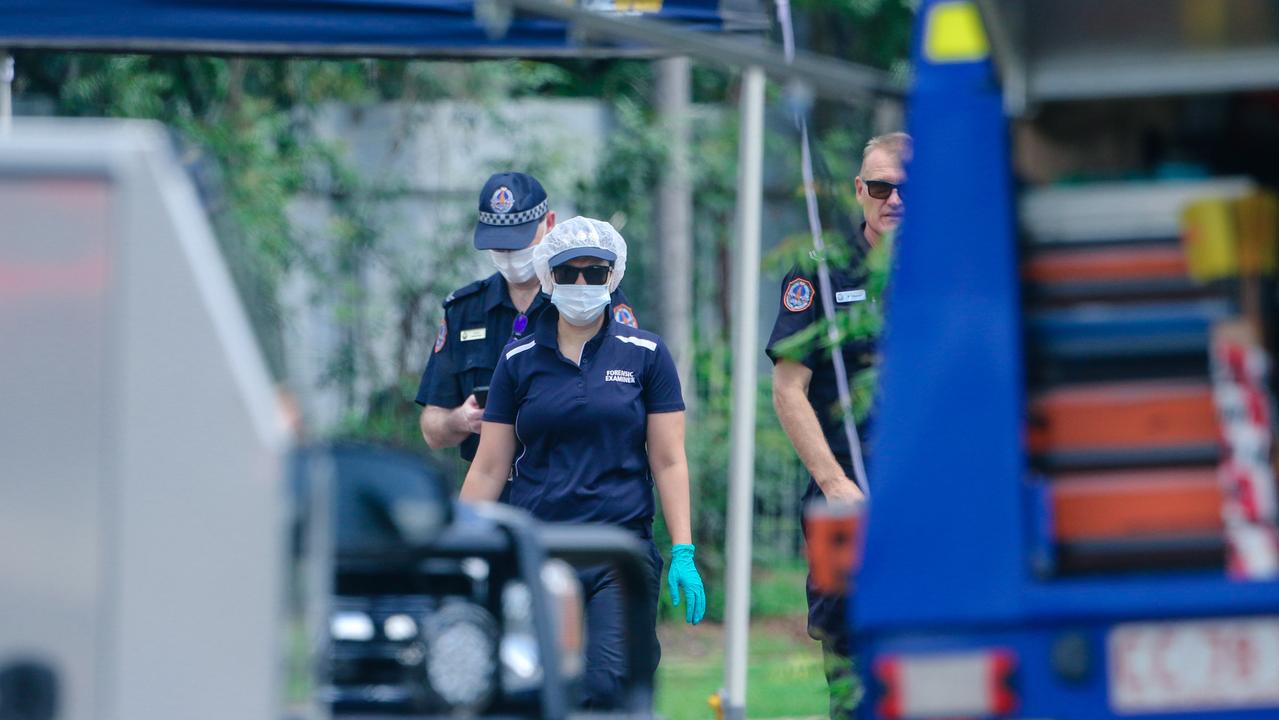 NT police investigate as a males body was found in a driveway in Driver on Saturday morning. Picture: Glenn Campbell