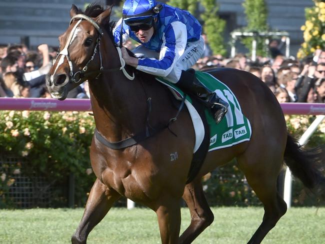 Rich Charm wins at Flemington on Derby Day. Picture: Jay Town