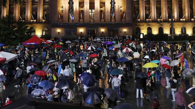 Protesters pictured at King George Square on Friday night. Picture: Josh Woning)