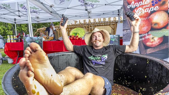 Ambassador David McMahon promoting the Stanthorpe Apple &amp; Grape Harvest Festival at Jan Power's Farmers Market, New Farm, Saturday, January 20, 2024 – Picture: Richard Walker