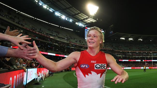 Isaac Heeney celebrates with fans after Sydney preliminary final win. Picture: Phil Hillyard