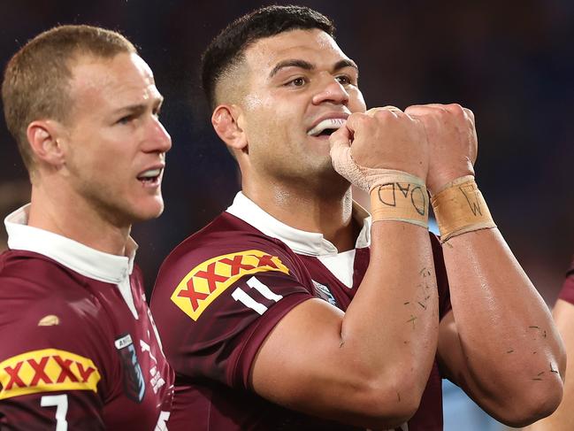 David Fifita with a message for his father during the 2023 Origin series. Picture: Mark Kolbe/Getty Images