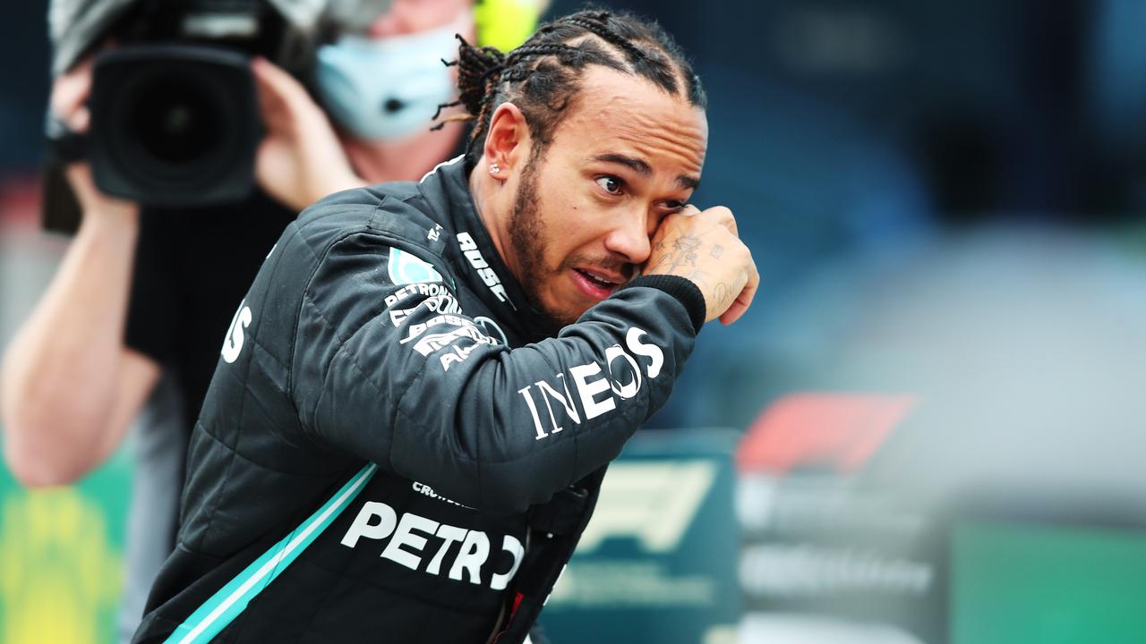 Hamilton fought back tears after the race. Picture: Getty Images