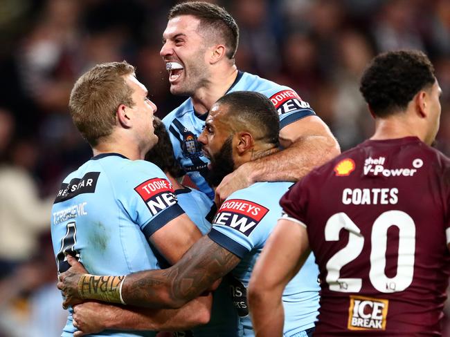 James Tedesco celebrates a Blues try. Picture: Getty