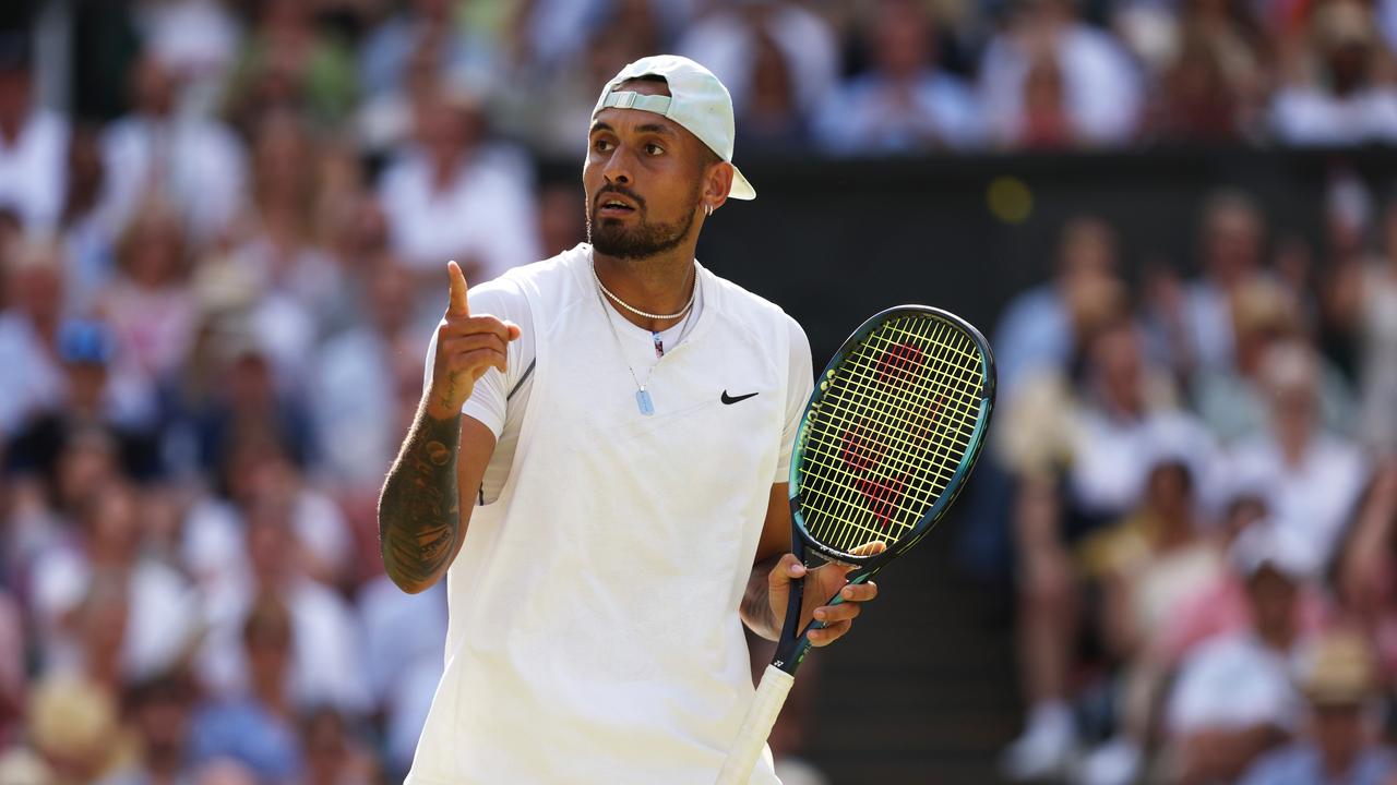 Nick Kyrgios of Australia celebrates a point against Novak Djokovic of Serbia during their Men's Singles Final match (Photo by Clive Brunskill/Getty Images)