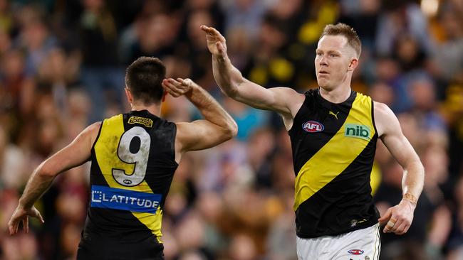 Trent Cotchin (left) and Jack Riewoldt have signed one-year deals. Picture: Michael Willson/AFL Photos via Getty Images