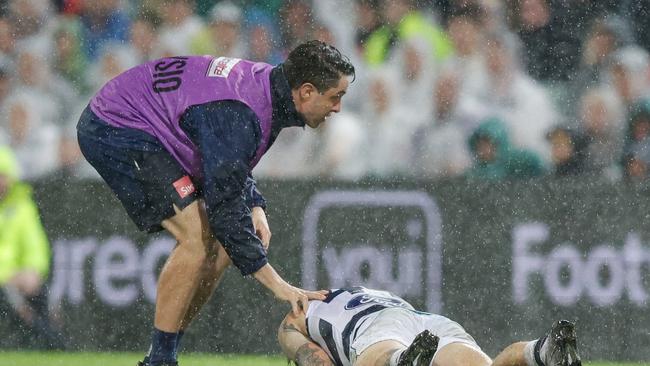 Tom Stewart was subbed out with concussion. Picture: Russell Freeman/AFL Photos via Getty Images