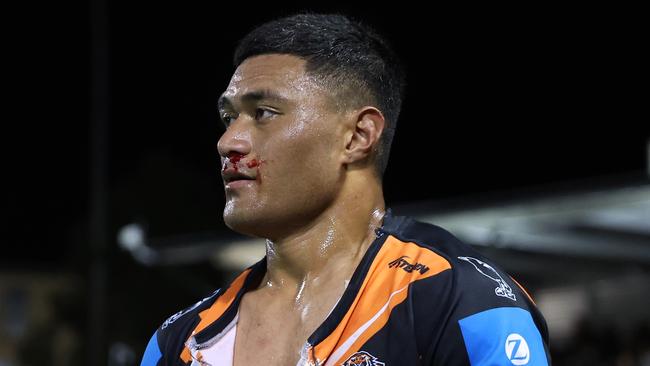 Wests Tigers prop Stefano Utoikamanu has been linked to Melbourne Storm after announcing he was quitting his club. Picture: Scott Gardiner / Getty Images