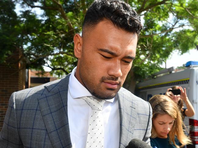 NRL player Zane Musgrove leaves Waverley Court in Sydney, Wednesday, January 23, 2019. The 22-year-old Wests Tigers prop is accused of assaulting a 22-year-old woman early on November 24 at the Coogee Bay Hotel. (AAP Image/Joel Carrett) NO ARCHIVING