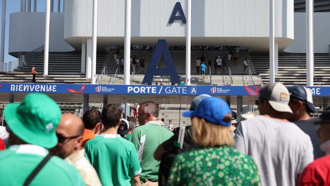 Ireland's supporters queue to enter the stadium ahead of the France 2023 Rugby World Cup Pool B match between Ireland and Romania. Picture: AFP.