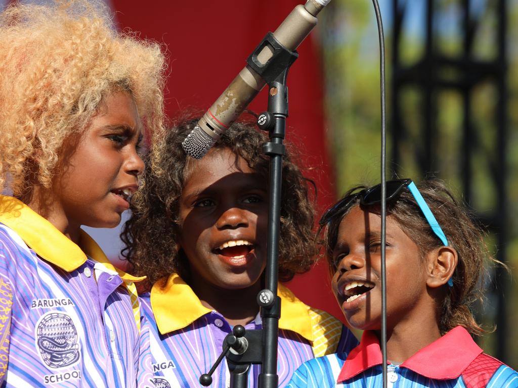 Students from Barunga Remote Community School who, with ILF Lifetime Ambassador and performer Justine Clarke with, wrote the 2024 Busking for Change song, Shordi Krik. Picture: Justine Taylor