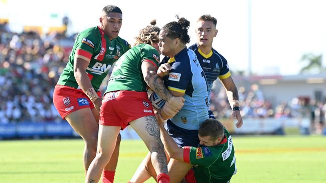 BRISBANE, AUSTRALIA - OCTOBER 10: Leivaha Pulu of the Devils is tackled during the 2021 QRL Intrust Super Cup Grand Final match between the Norths Devils and the Wynnum-Manly Seagulls at Moreton Daily Stadium on October 10, 2021, in Brisbane, Australia. (Photo by Bradley Kanaris/Getty Images)