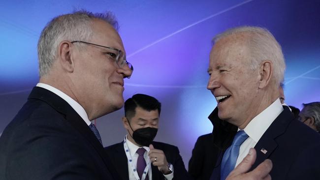 Australian Prime Minister Scott Morrison attends the G20 Official Welcome and Family photo and chats with US President Joe Biden in Rome on Saturday, October 30, 2021. Picture: Adam Taylor