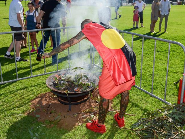 ADELAIDE, AUSTRALIA - NewsWire Photos JANUARY 26, 2022: A Smoking Ceremony to begin Australia Day 2022 celebrations in Adelaide on Kaurna land at Elder Park/Tarntanya Wama. Picture: NCA NewsWire / Brenton Edwards