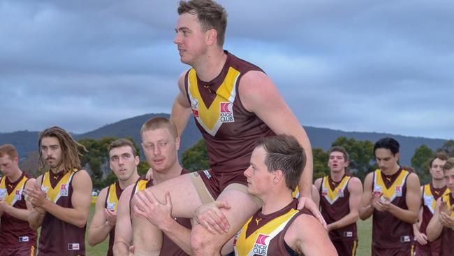 Jess Bolton is chaired off in his final game for Boronia. Picture: David Nicholas Photography