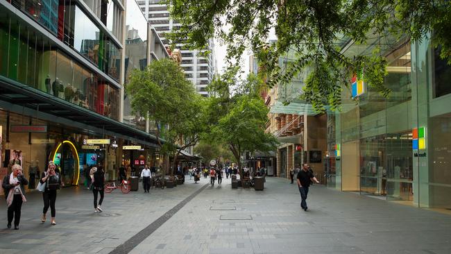 A quiet Pitt Street Mall in Sydney’s CBD on Thursday. Picture: Justin Lloyd