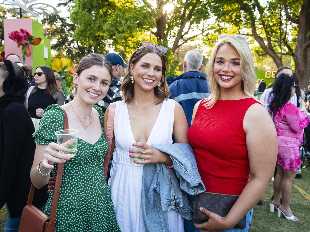 At Toowoomba Carnival of Flowers Festival of Food and Wine are (from left) Hannah Cheal, Milly Donaldson and Annaleise Compton, Saturday, September 14, 2024. Picture: Kevin Farmer