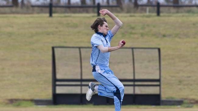 Morgan Glavin bowls for Toowoomba against Central Downs in Mitchell Shield round one DDSWQ cricket at Highfields Sport Park, Sunday, December 1, 2019. Picture: Kevin Farmer