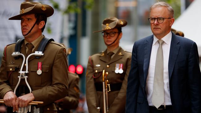 Prime Minister Anthony Albanese attended a Remembrance Day service at the Martin Place cenotaph before flying to Cambodia. Picture: NCA NewsWire/Nikki Short