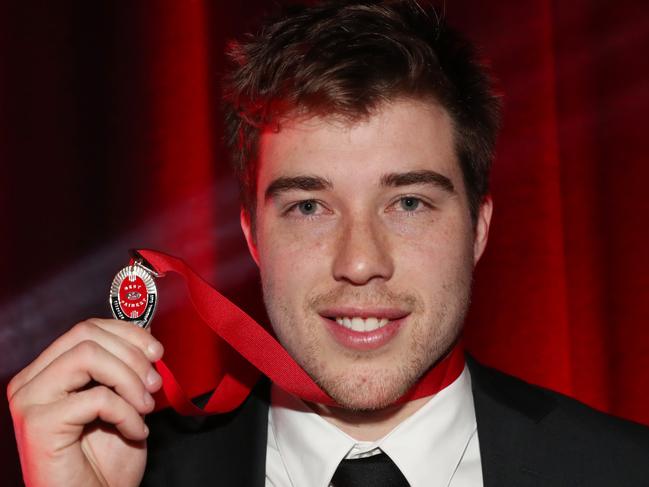 Zach Merrett wins the best and fairest for the Bombers at the 2019 Crichton Medal ceremony at the Melbourne Convention Centre in Melbourne, Tuesday, October 1, 2019. (AAP Image/David Crosling) NO ARCHIVING