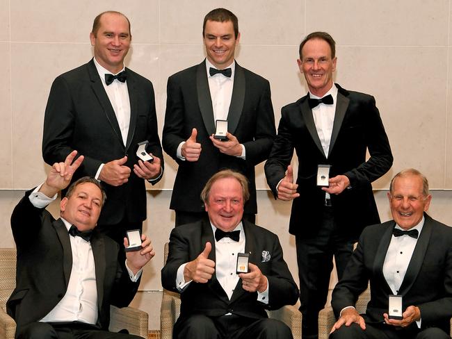 AFL Hall of Fame 2018 inductees (back left) David Neitz, Matthew Scarlett, Terry Wallace, (front left) Wayne Johnston, Legend Kevin Sheedy, and Mel Whinnen in Melbourne on Tuesday night. AAP Image/Joe Castro