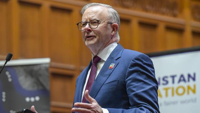 Anthony Albanese delivering the Lowitja O'Donoghue address at Adelaide University on Monday. Picture: NCA NewsWire / Roy VanDerVegt