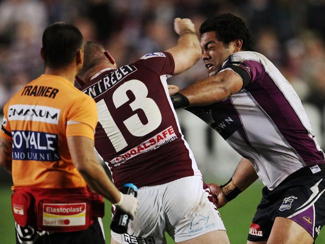 2011 Best of Brett Costello. Glenn Stewart and Adam Blair continue their fight on the sideline after being sent to the sin bin, that led them both to be then sent off during Manly Sea Eagles v Melbourne Storm NRL game at Brookvale Oval in Sydney.