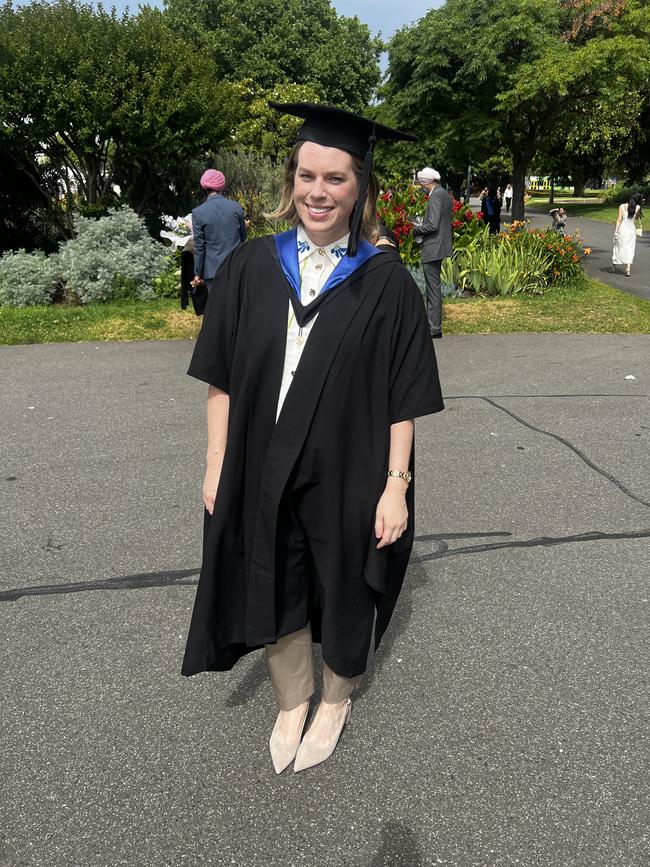 Clare Alomes (Master of Public Policy and Management) at the University of Melbourne graduations held at the Royal Exhibition Building on Monday, December 16, 2024. Picture: Jack Colantuono