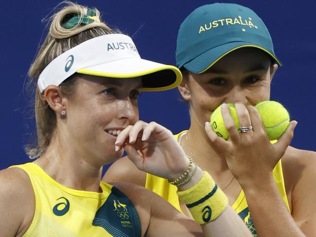 Tokyo 2020 Olympic Games Day 03. 26/07/21. Australias Ash Barty and Storm Sanders vs. China in the Womens Doubles at the Ariake Tennis Park, in Tokyo Japan.  Picture: Alex Coppel.