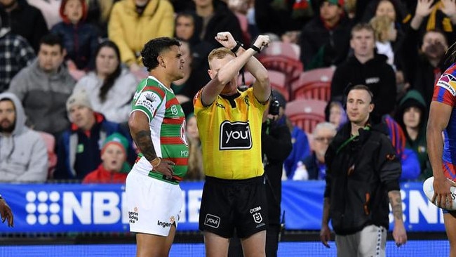 Latrell Mitchell was involved in a couple of fiery incidents against Newcastle. Photo: NRL Imagery