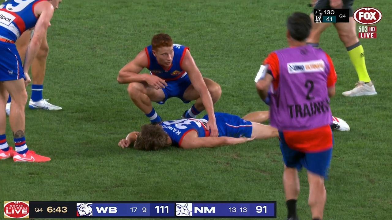 The Dogs defender was out cold. Credit: Fox Footy.