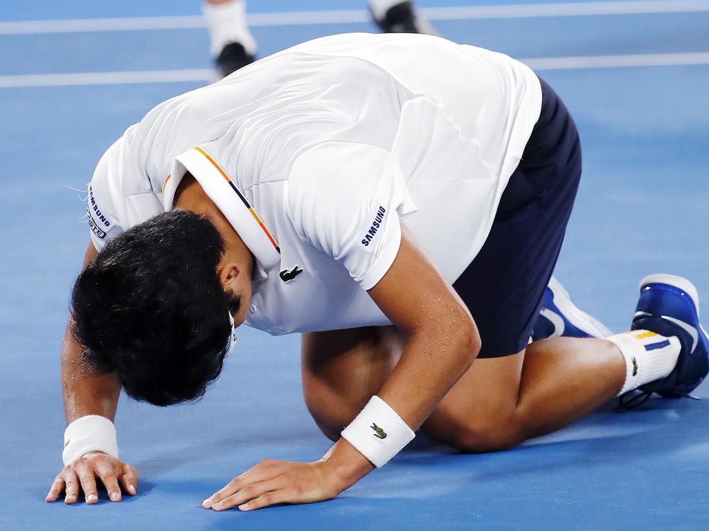 Ecstasy for Chung earlier in the competition, this is the moment he ousted Novak Djokovic. Pic: Michael Klein