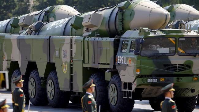 Military vehicles carrying DF-21D ballistic missiles roll to Tiananmen Square during a military parade to mark the 70th anniversary of the end of World War Two, in Beijing. Picture: Reuters