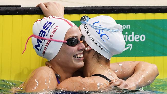 Kaylee McKeown is hugged by Minna Atherton after breaking the Commonwealth record for the Women's 200 metre Breaststroke final during the Australian National Olympic Swimming Trials at SA Aquatic & Leisure Centre on June 17, 2021 in Adelaide, Australia. (Photo by Mark Brake/Getty Images)