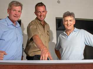 Member for Lockyer Jim McDonald with Rusty's Service Station builder John Fazackerley and owner Ross McPhee. Picture: Dominic Elsome