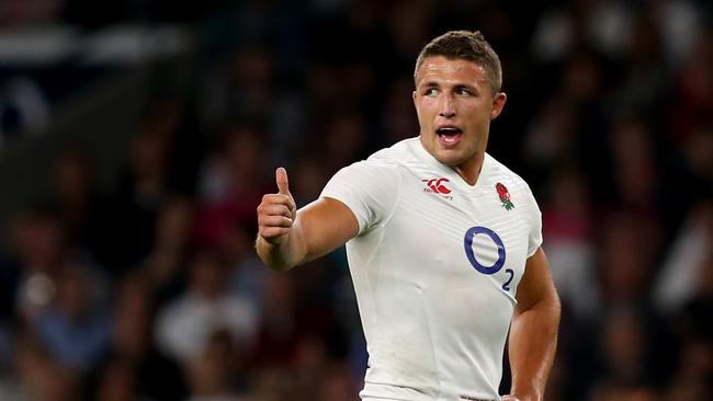 Sam Burgess of England gives the thumbs up against France at Twickenham Stadium.