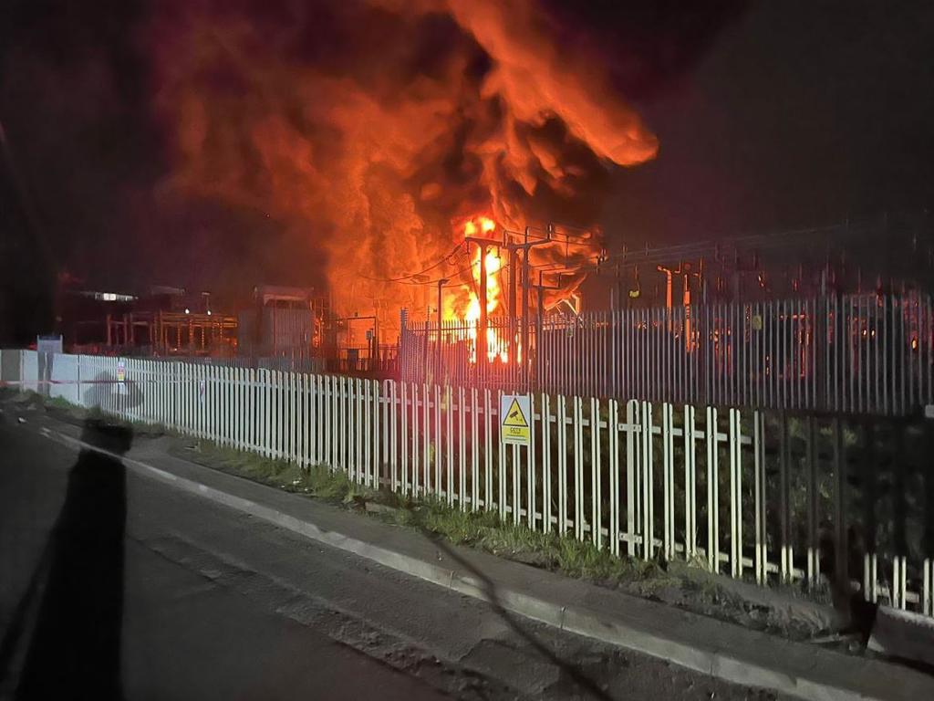 A fire at an electrical substation that has caused the closure of Heathrow Airport. Picture: London Fire Brigade