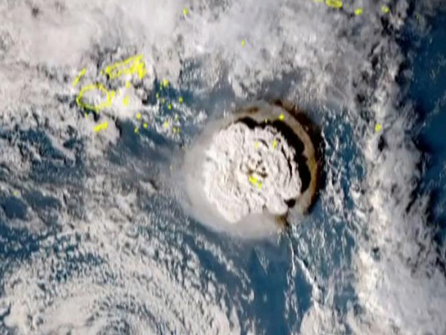 The eruption as captured by Japan’s Himawari-8 satellite. Picture: Handout/National Institute of Information and Communications (Japan)/AFP