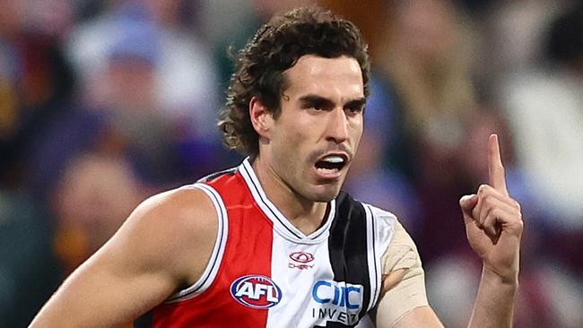 BRISBANE, AUSTRALIA - JUNE 14: Max King of the Saints celebrates a goal during the round 14 AFL match between Brisbane Lions and St Kilda Saints at The Gabba, on June 14, 2024, in Brisbane, Australia. (Photo by Chris Hyde/AFL Photos/via Getty Images)