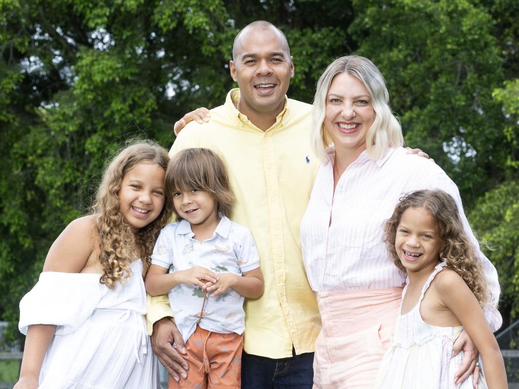 Kara Cook with her husband Joshua and their children Eden, 9, Arlo, 3, and Rita, 7, (and dog Milton). Photo: Renae Droop/RDW Photography