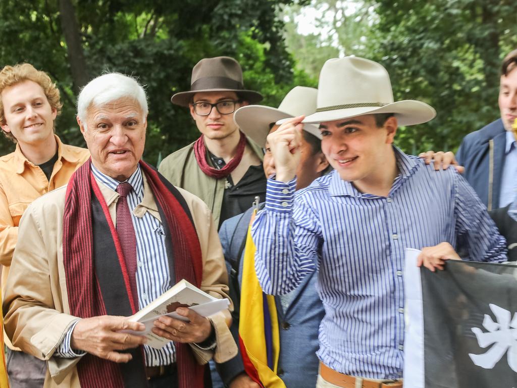 Suspended University of Queensland student Drew Pavlou tries on Bob Katter’s hat. Picture: NCA NewsWire/David Kapernick